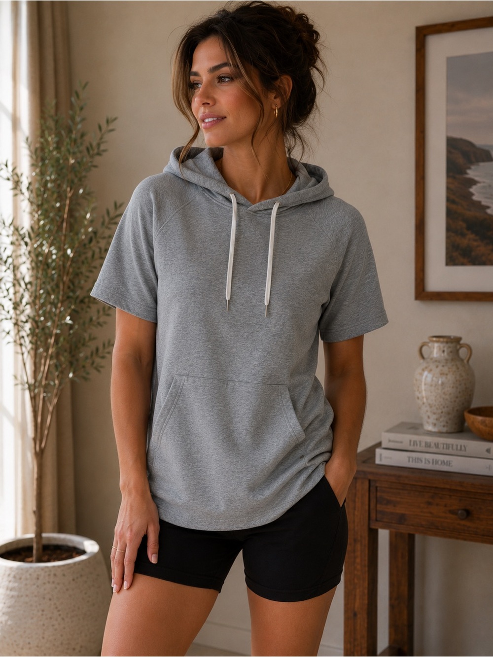 Fabletics Heather Gray Short Sleeve Hoodie